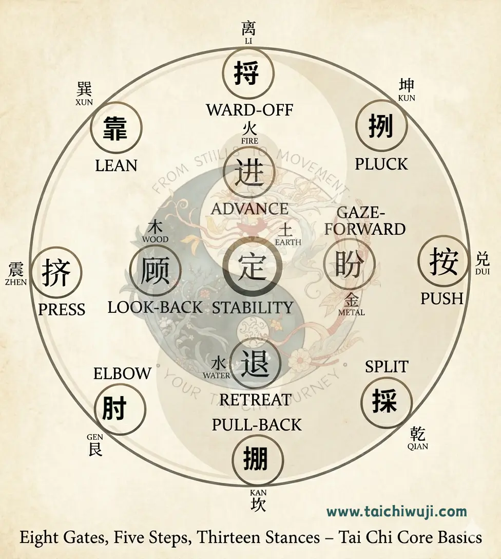 Diagram illustrating Tai Chi Ba Fa (Eight Techniques), Wu Bu (Five Steps), and Shi San Shi (Thirteen Postures) with corresponding Eight Trigrams and Five Elements.