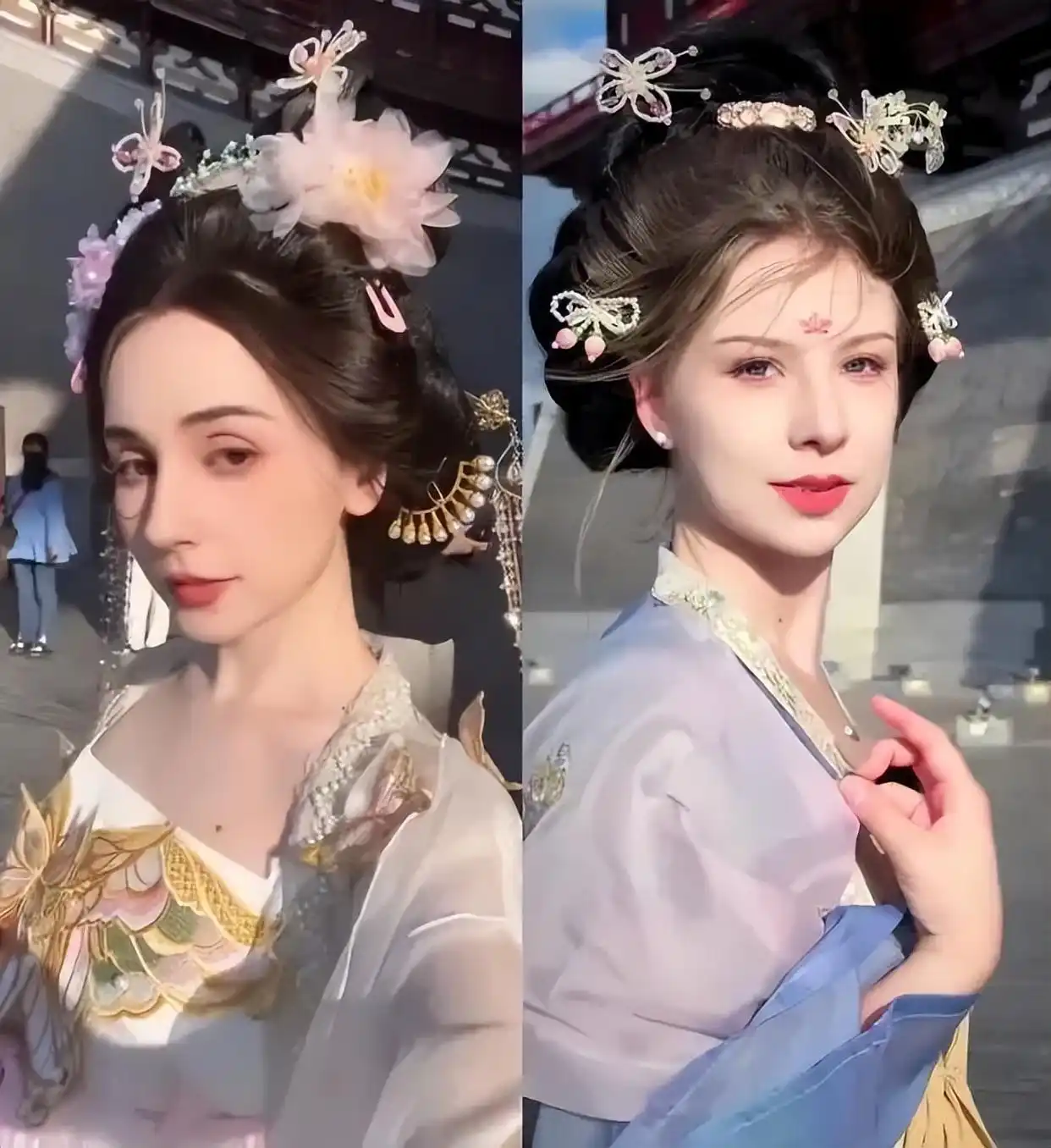 Foreign woman wearing Hanfu in photos, engaging in the Chinese Baddie aesthetic inspired by traditional culture