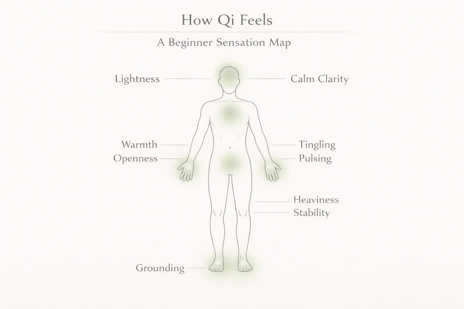 Beginner sensation map showing common bodily feelings experienced during Qi practice