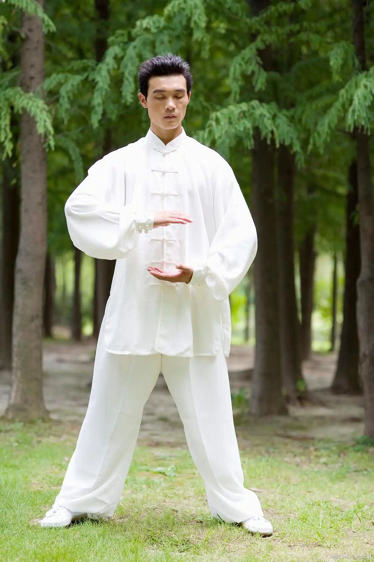 Practitioner performing Medical Qigong movements outdoors.