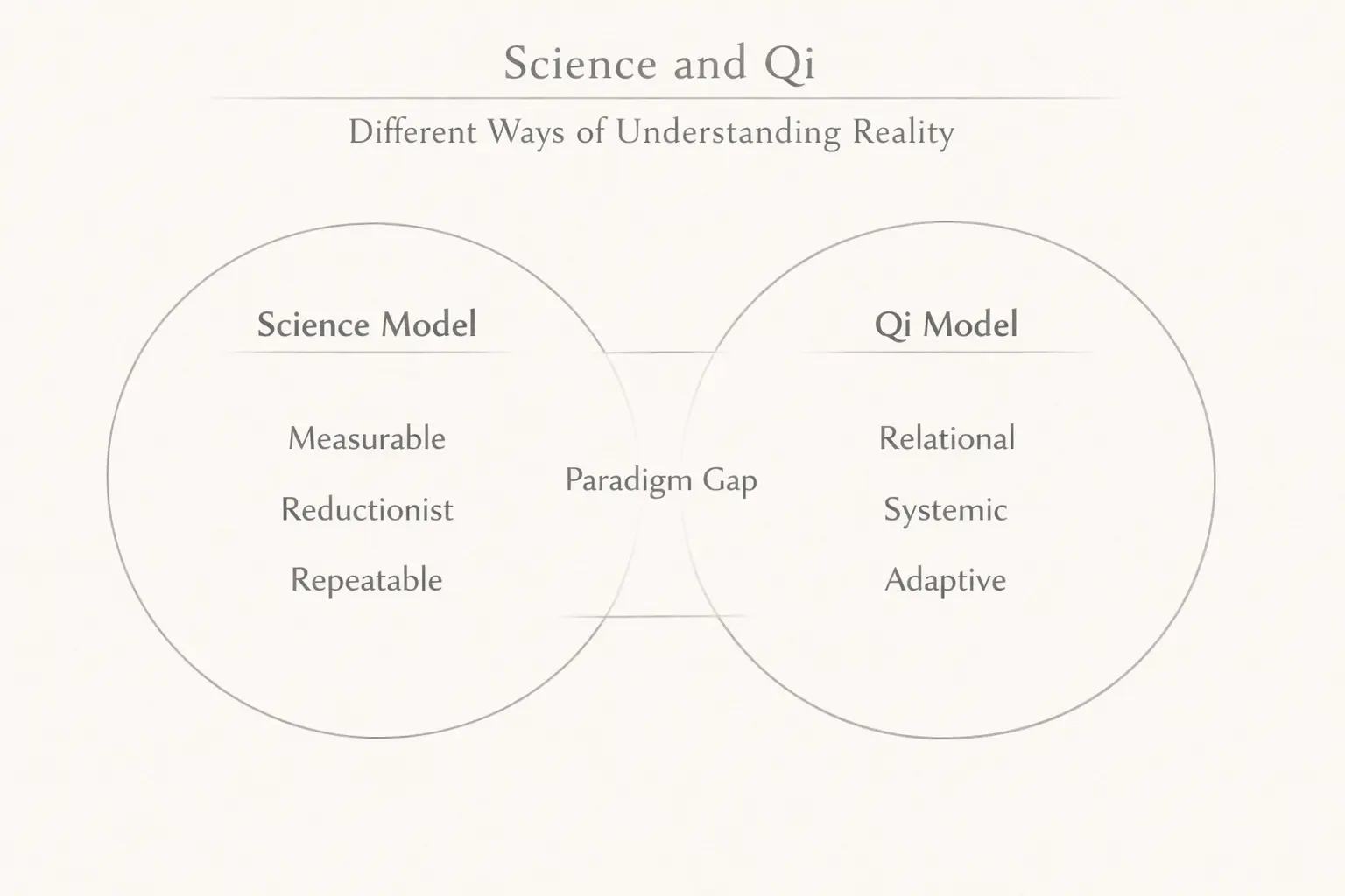 Diagram showing different models of understanding reality in science and Qi theory