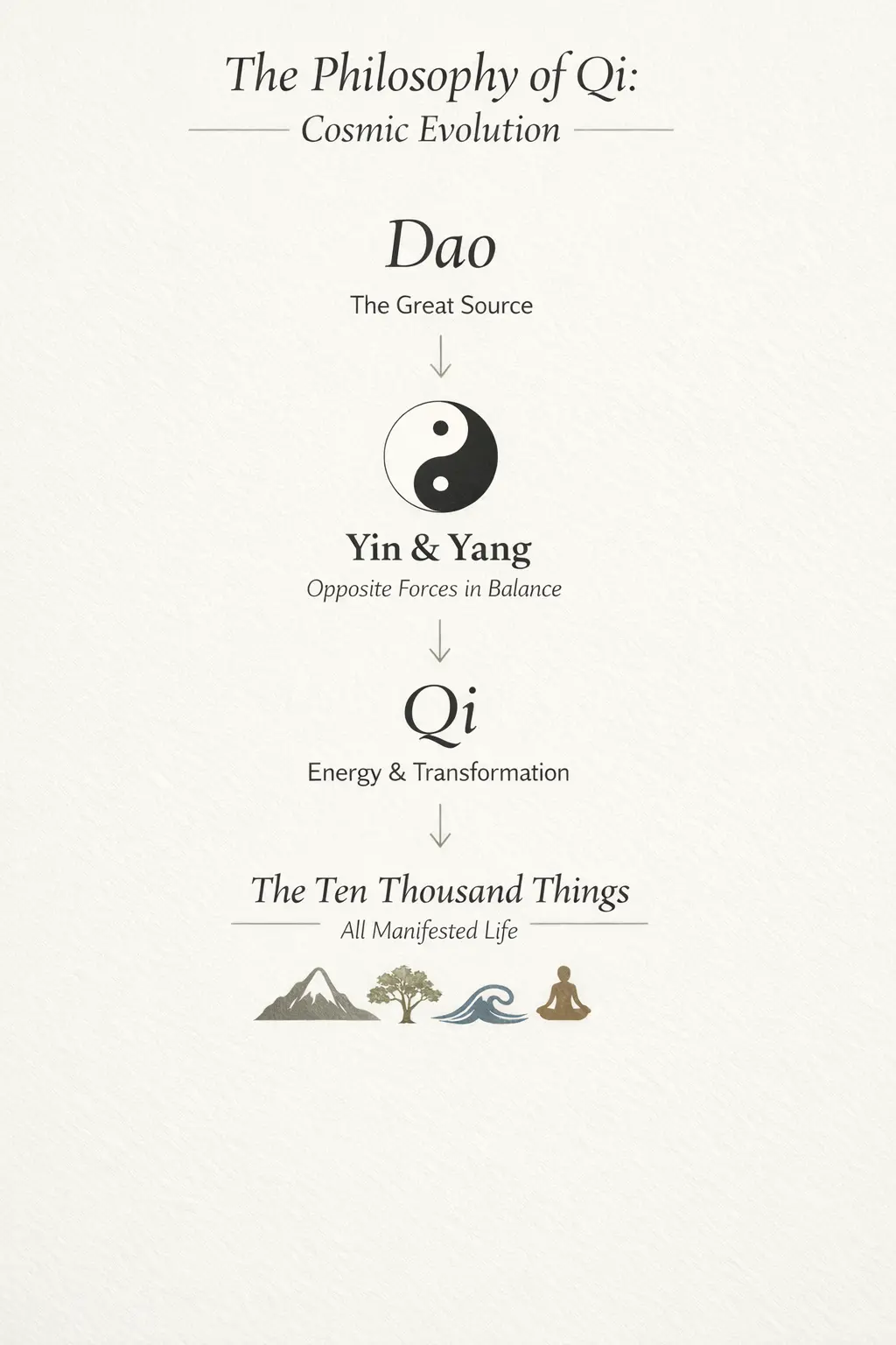 Daoist cosmology diagram showing Dao, Yin-Yang, Qi, and manifestation