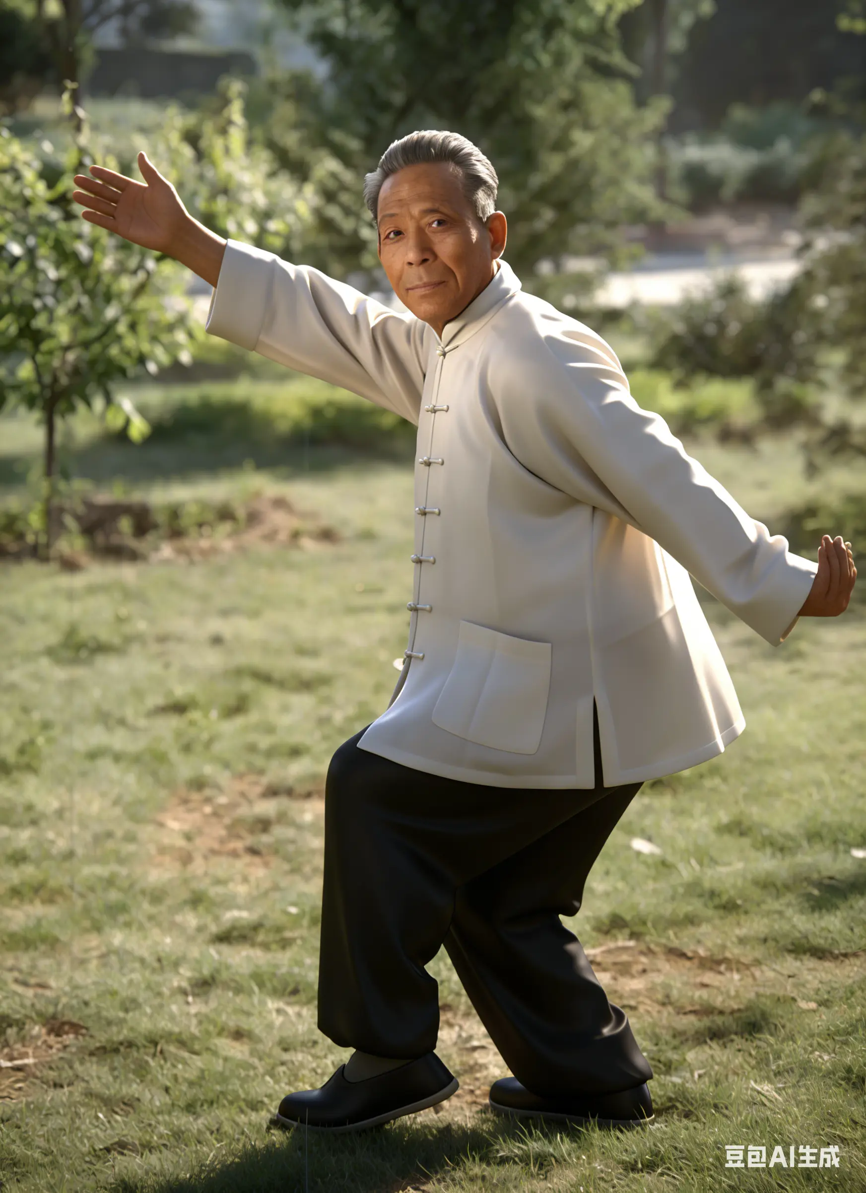Wang Peisheng (1919–2004), Wu-style Tai Chi master, demonstrating "Step Back and Mount Tiger" posture with lightness and intent, embodying the principle of "using mind instead of force."